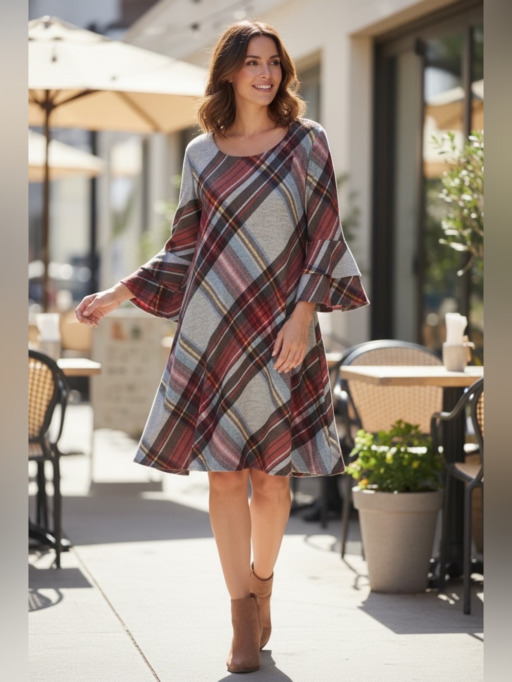 R&K Originals Plaid Swing Dress Size 14 Bell Sleeve Fall Boho